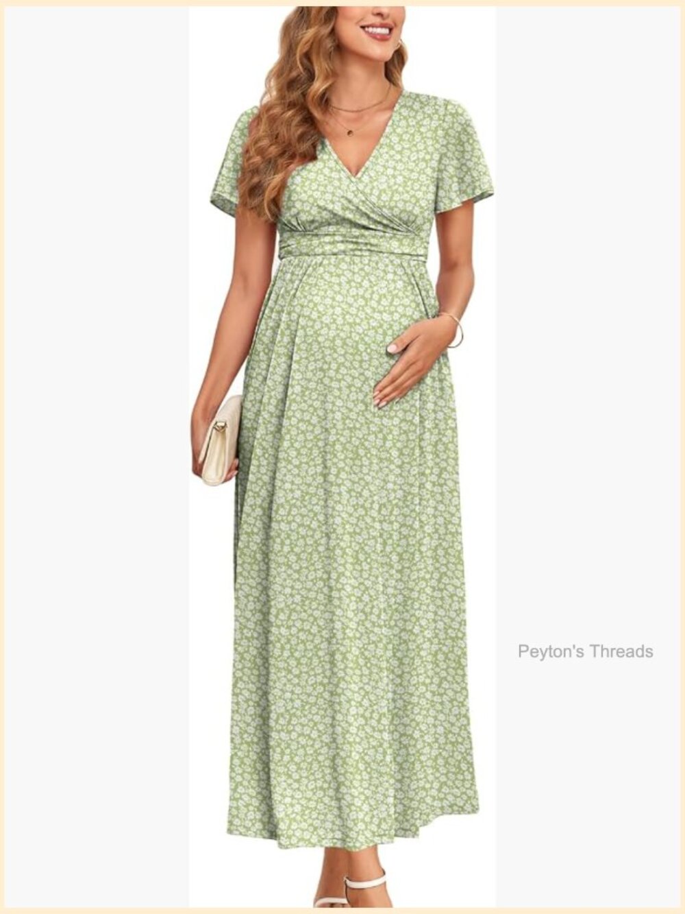 V Neck Wrap Maternity Maxi Dress with Pockets Long Sleeve Flowey Silhouette